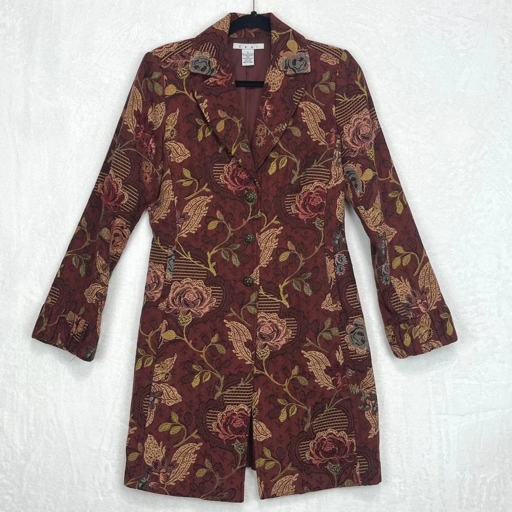 Cabi Jacobean Floral Tapestry Brocade Coat Women's‎ sz 8 Mulberry Guinevere 749
